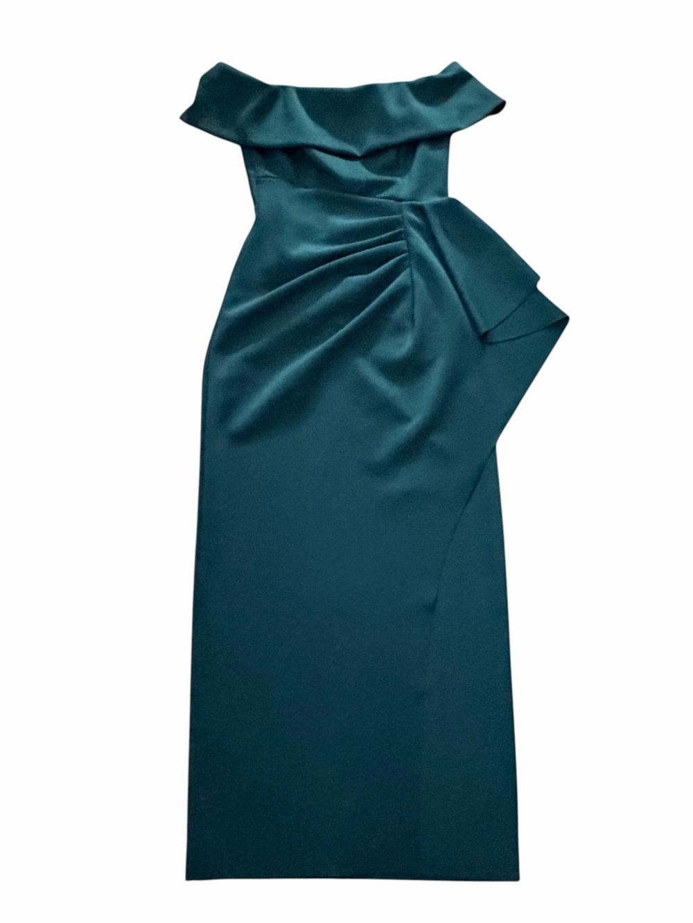 Xscape Teal EmeraldGreen Off Shoulder Ruched Draped Formal Maxi Gown Dress Size